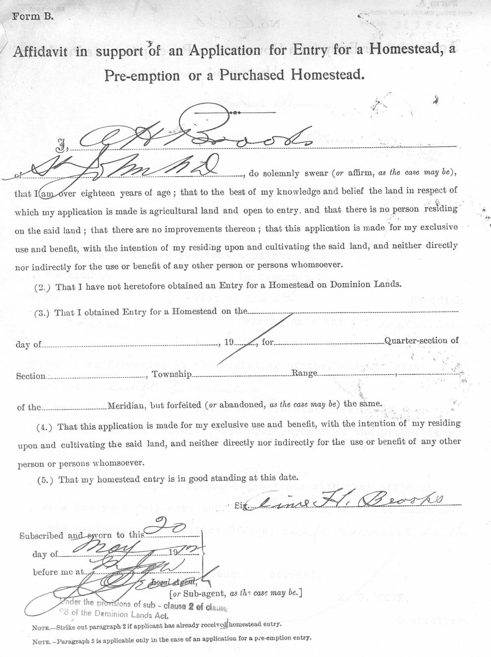 Form B Application for Pre-Emption property in Lafleche Saskatchewan - Aimé  Brooks